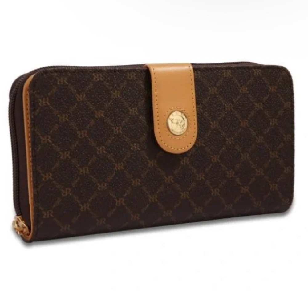 Rioni Signature Button-Zip Brown Gold Wallet